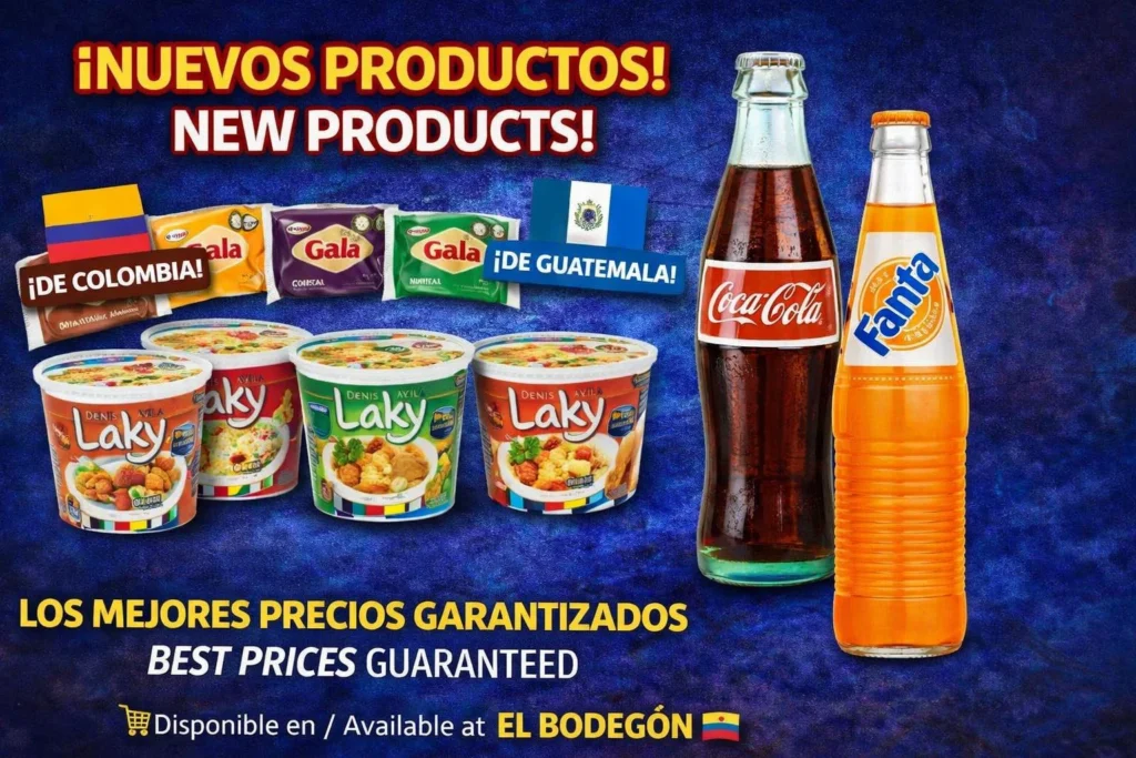 Promoción de nuevos productos en El Bodegón con sopas instantáneas Laky, jabones Gala, Coca-Cola y Fanta en botella de vidrio, acompañados de banderas de Colombia y Guatemala y texto de mejores precios garantizados.